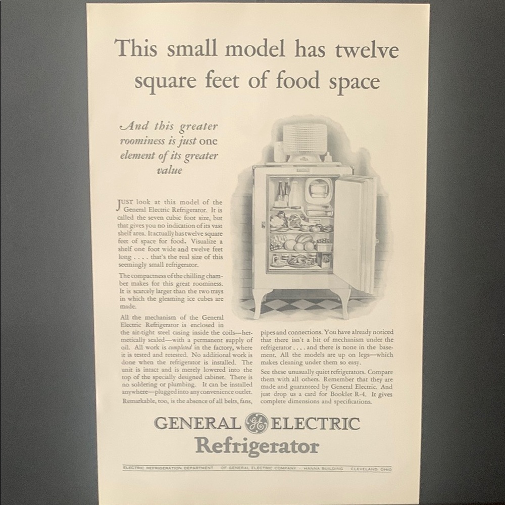 Vintage 1928 General Electric Refrigerator Twelve Square Feet Ad Advertisement